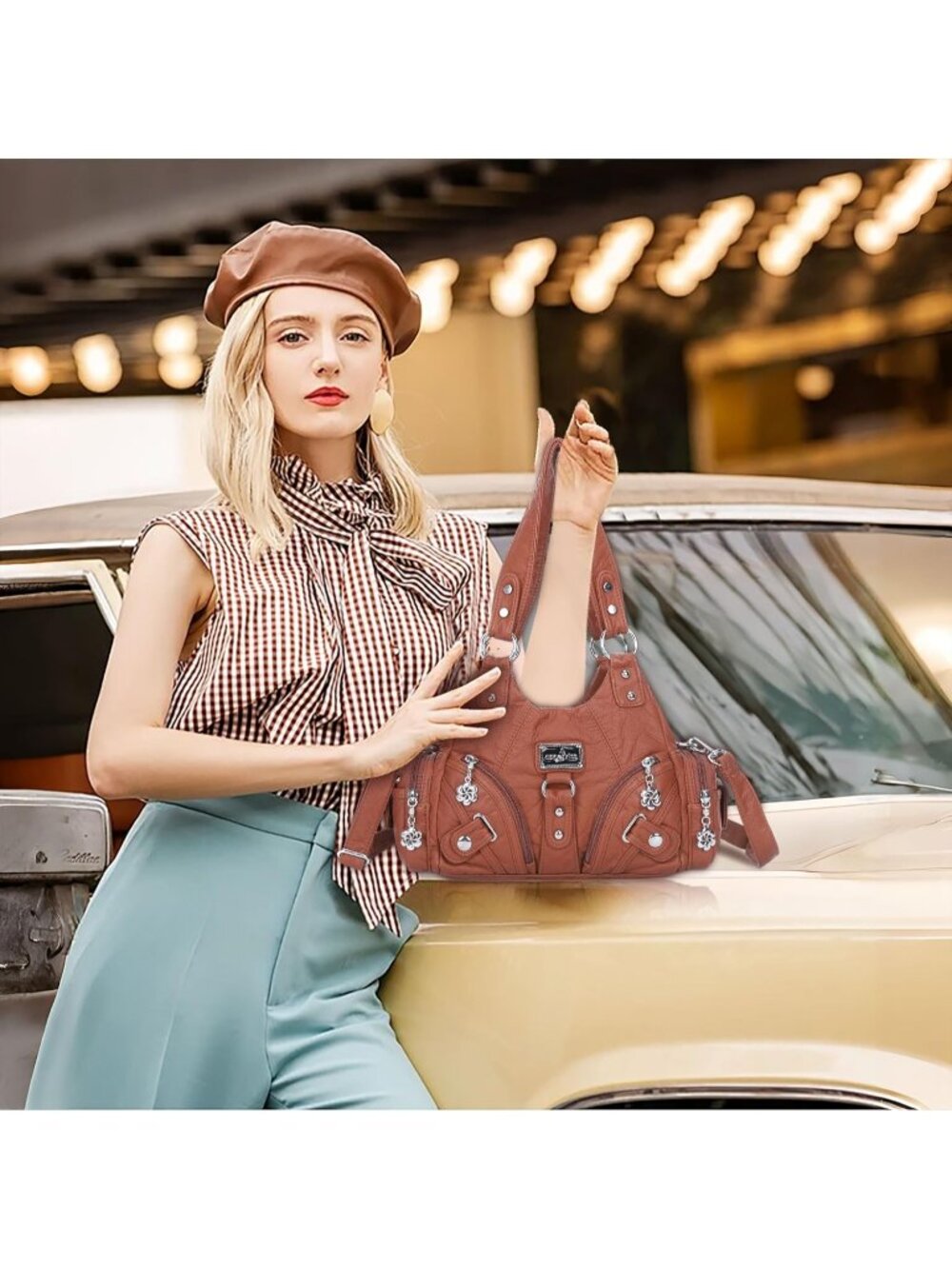 Women's 02-Brown PU leather Zipper Multi-Pocket Small Hobo Shoulder Bag - Picture 2 of 6